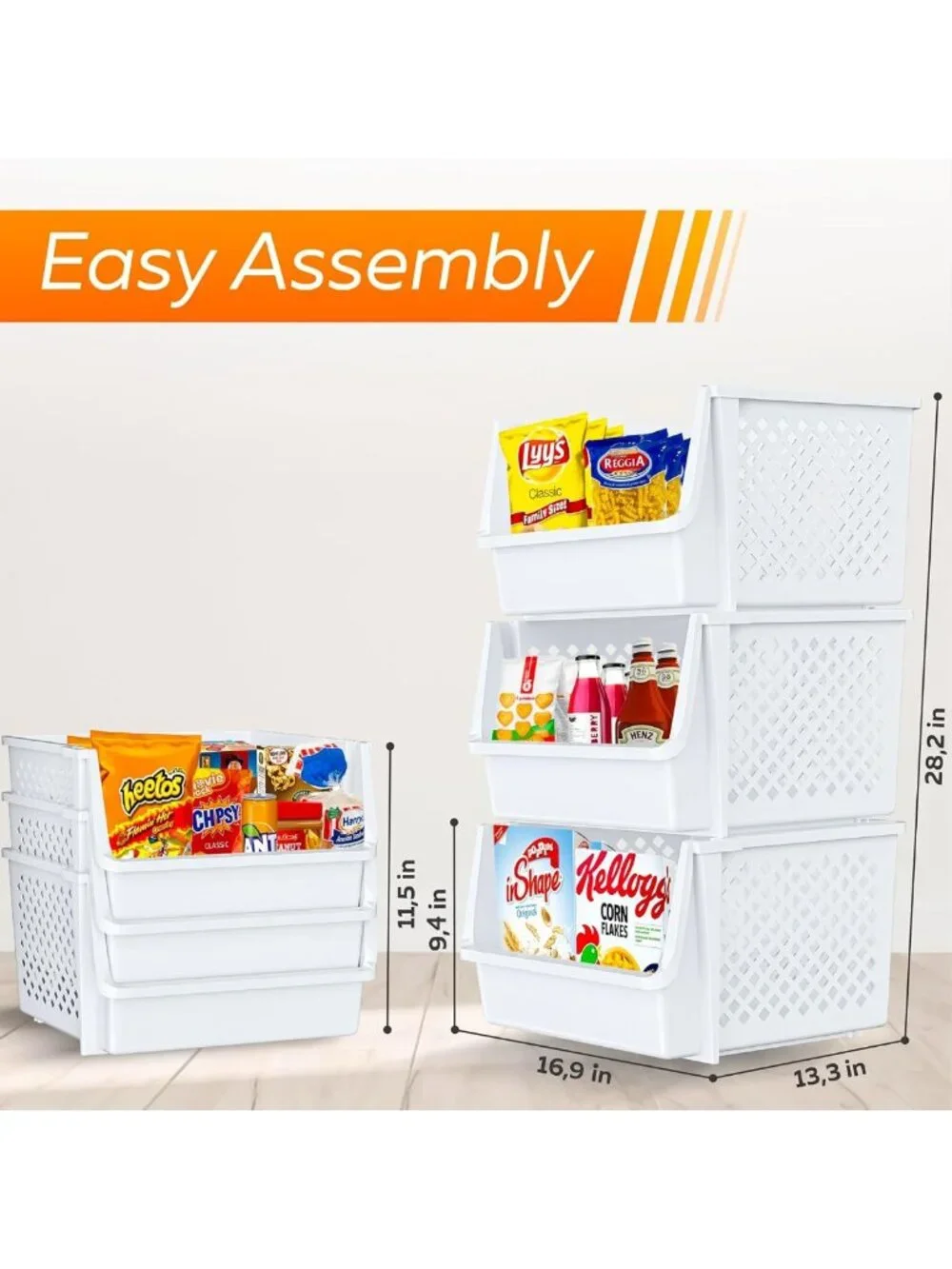XL Stackable Open Front Storage Bins for Pantry Organization - 6 Pack, White